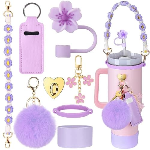 Mity rain Cup Accessories for Stanley Cup 30oz 40oz Tumbler with Handle, Including Water Bottle Handle Strap, Chapstick Holder, Boot, Keychain Charms, Straw Topper Cover Cap for Stanley (Purple) - Image 1