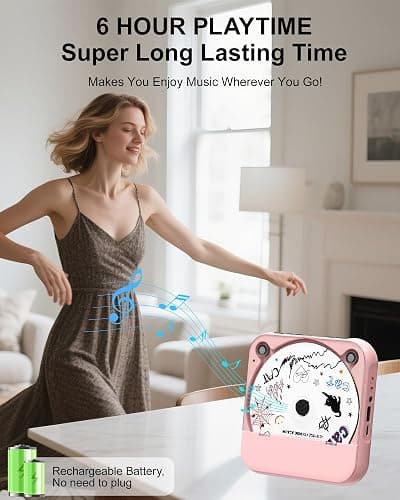 ENVYCLOUD CD Player Portable with Dual Stereo Speakers, Rechargeable Portable CD Player with Bluetooth for Home with Headphones, Support CD/AUX/USB, Pink thumbnail 2