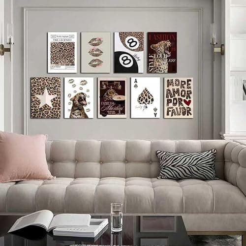 YIDINGX 9pcs Self-Adhesive Trendy Leopard Canvas Wall Art Cheetah Prints Wall Decor Pictures Lucky 8 Ball Posters Preppy Aesthetic Paintings for Girls Bedroom Decorations thumbnail 5