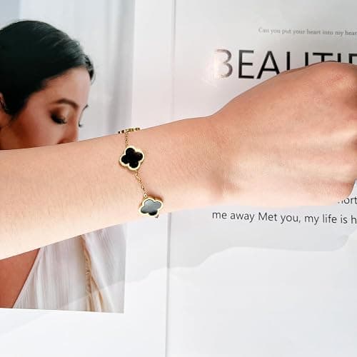 AIPPK 18K Gold Plated Clover Lucky Bracelet for Women White/Black/Red/Green Flower Four Leaf Link Bracelets Trendy Jewelry Gifts for Women thumbnail 5