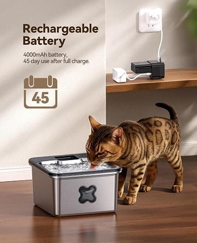 Cat Water Fountain Cordless: [Visual Filter] & [Heavy-Duty Stainless Steel] FEELNEEDY- Premium, Durable Design. 3.2L/108oz, 4000mAh Battery Operated Pet Fountain with Sensor, for Cats and Dogs thumbnail 5
