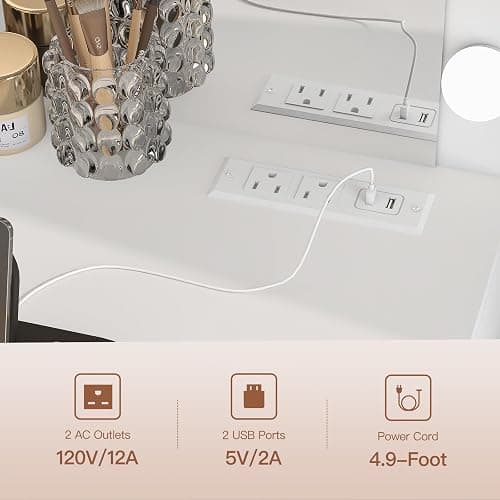 FIONESO 47.2" Large Vanity Desk with Mirror & 14 LED Lights, Makeup Vanity Table with 5 Drawers & Charging Station, Makeup Vanity Desk, 3 Lighting Colors, Dressing Vanity Table for Bedroom, White thumbnail 6