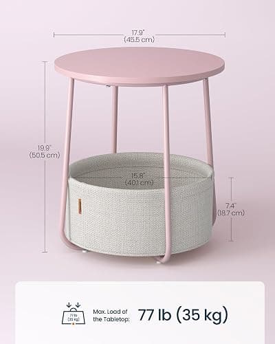 SONGMICS HOME Small Side Table, Round End Table, 2 Tier Nightstand with Basket, U Shaped Steel Legs, Easy Assembly, for Living Room, Bedroom, Pink and White thumbnail 2