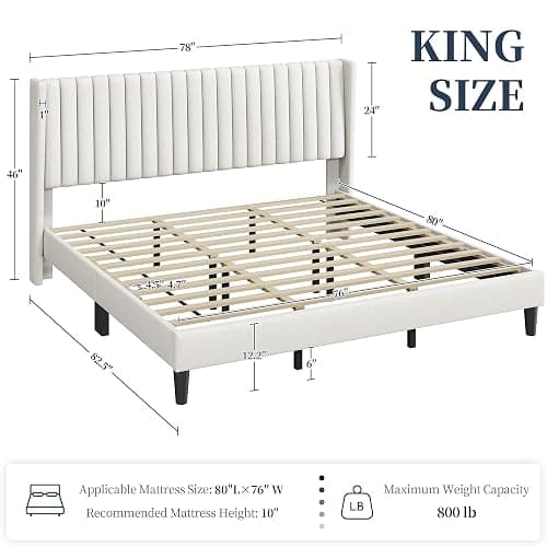 Yaheetech King Bed Frame Upholstered Platform Bed with Fabric Headboard, Wing Edge Design/Non-Slip and Noise-Free/Wooden Slats Support/No Box Spring Needed/Easy Assembly, Ivory King Bed thumbnail 2