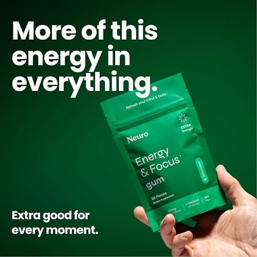 Neuro Energy & Focus Gum, Extra Strength - 100mg Natural Caffeine Gum & Nootropic Energy Supplement with L-Theanine & B Vitamins - Sugar Free, Vegan - Spearmint, 90ct thumbnail 7
