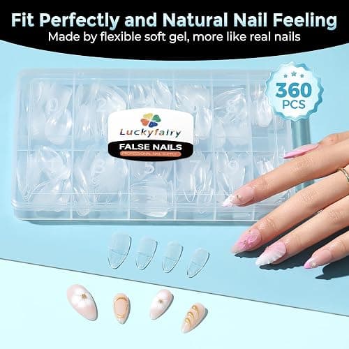 Luckyfairy Medium Almond Nail Tips, 360pcs Soft Gel Pre-Shaped Acrylic Fake Nails, Half Matte Full Cover Clear Gelly Press on Flase Nail Tips for Extension Nail Manicure Home DIY 12 Sizes Gelly Tips thumbnail 8