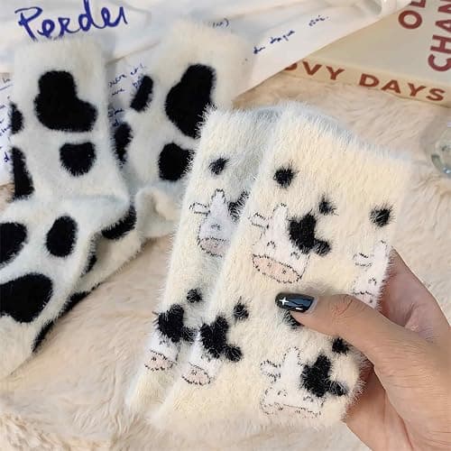 Lefe Liee Fuzzy Cow Print Socks for Women - Warm, Thick, Cozy Slouchy Slipper Socks - Fall Gifts, Cow Themed Gifts thumbnail 3