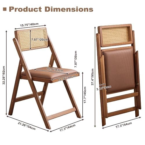 SOBIBO Wood Folding Dining Chairs, Padded Seat, Set of 2, Coffee & Walnut | Solid Wood Frame, Rattan Backrest, 600lbs Capacity, No Assembly Required, Mid Century Modern for Dining Room, Balcony, Patio thumbnail 3