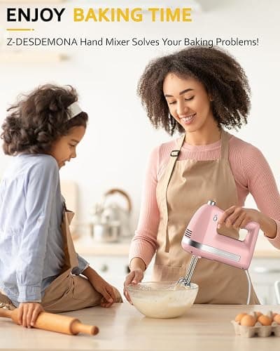 Z-DESDEMONA Electric Hand Mixer, Powerful 300W Hand Mixer Electric Handheld with 304 Beaters, Dough Hook,Hand Held Mixer with Turbo for Baking Cakes, Eggs, Cream Food(Pink) thumbnail 8