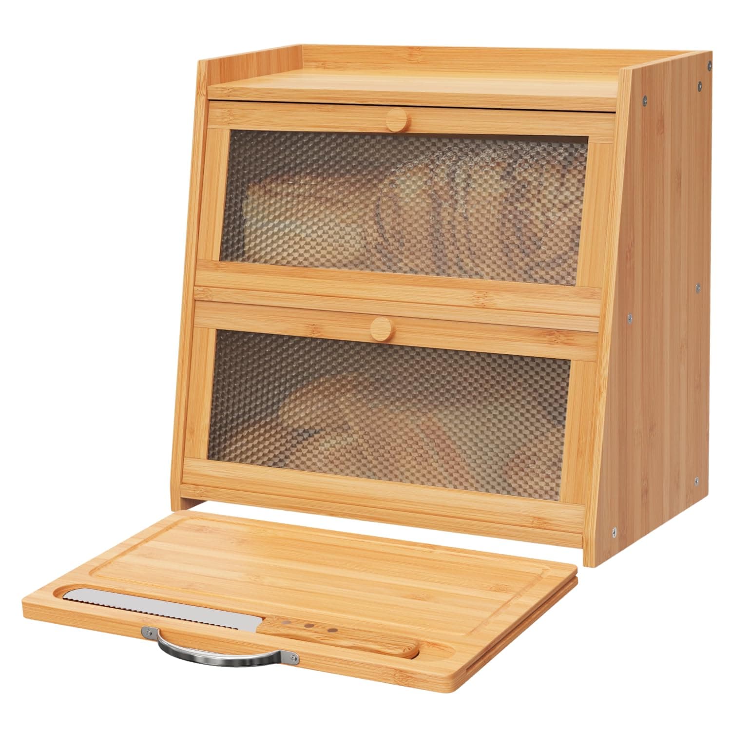 BLANCE Bread Box for Kitchen Storage & Organisation, Bamboo Breadbox Bread Bin Bread Storage With Cutting Board & Bread Knife, Large Size Bread Box with Acrylic Door - Image 1