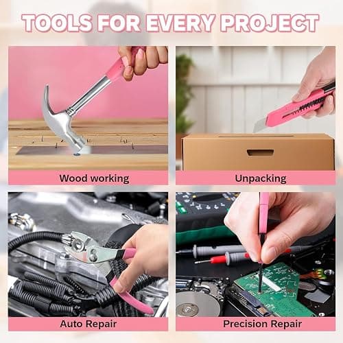 Wrenzo 39-Piece Household Tool Set in - Perfect for Home, Garage, Office and Dorm Use - Essential Tools for The Whole Family (Pink) thumbnail 5