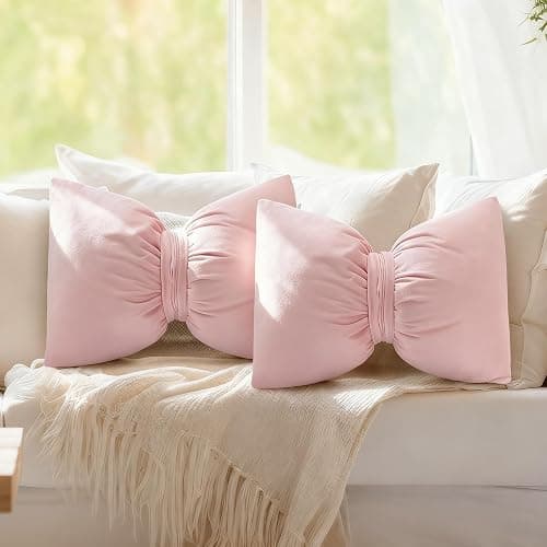 Beeveer 2 Pcs 12 x 18 Inch Bow Pillow Coquettish Throw Pillow Big Bow Shaped Cushion Velvet Coquette Decor Cushion for Room School Nursery Bed Sofa Couch Holiday Car Decor(Pink) - Image 1