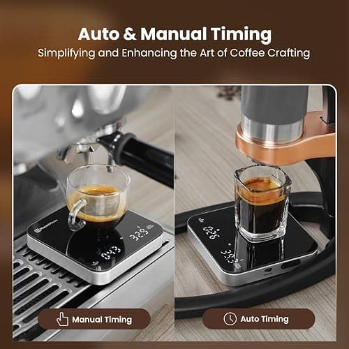 Rechargeable Mini Coffee Scale with Timer, Maestri House Espresso Scale, 2kg/0.1g Accurate Scale for Espresso and Pour-Over Coffee, Portable Digital Kitchen Scale with Automatic Timing（Black&Silver） thumbnail 3