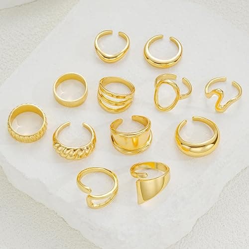 17 MILE Chunky Gold Stackable Rings for Women Non Tarnish, 18K Gold-Plated Statement Open Stacking Rings, Knuckle Band Ring Set thumbnail 6