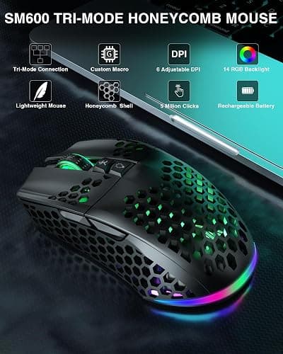 SOLAKAKA SM600 Honeycomb Shell Gaming Mouse Wireless,Tri-Modes BT5.1/2.4G Wireless/Type-C Wired Gamer Mouse with 2 Side Buttons, Macro Programmable and RGB Light for PC/Mac/Laptop,Black thumbnail 2