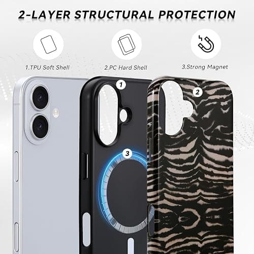 Fourmor for iPhone 16 Case - Wireless Charging for MagSafe, Dual-Layer Design (Outer Hard PC Shell + Inner Soft TPU Shell), Unisex Shockproof Protective Case - Tiger Stripe Pattern. thumbnail 2