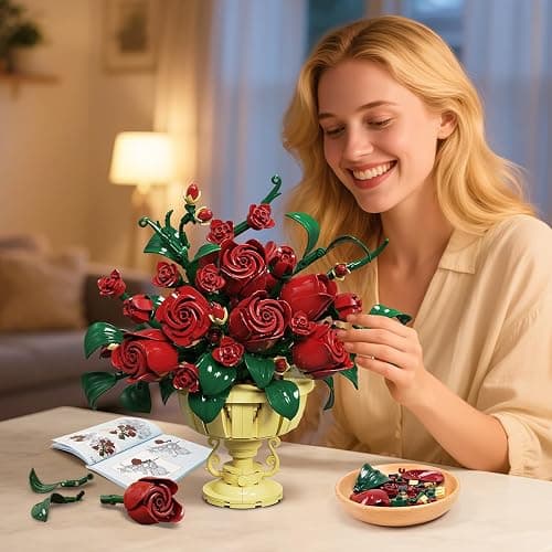PLAXSOON Rose Flower Building Set, 969 PCS Botanicals Flowers Bouquet Building Block Kit with Pot, Artificial Bonsai Plant Collection Office Home Decor, Birthday Gift for Adults Women Boys Girls 12+ thumbnail 5
