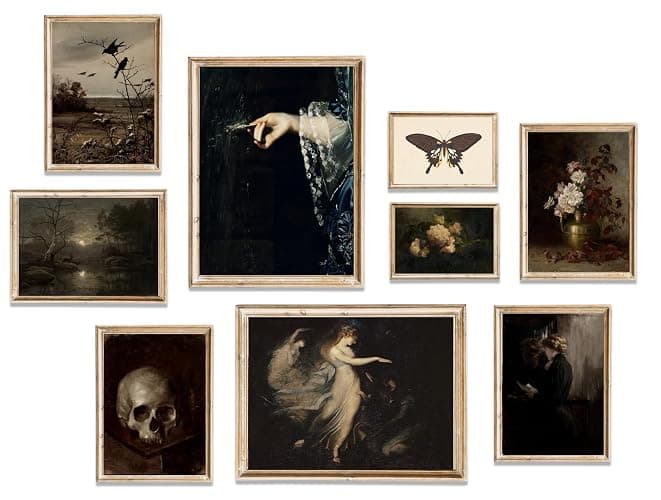 Moody Dark Academia Decor, Gothic Wall Decor, Vintage Dark Academia Wall Art Prints Witchy Decor, Moody Halloween Decor Florals Skull Witch Moth Butterfly Goth Posters for Bedroom Dorm Gallery, Set of 9 - Retro 07-9pcs - Image 1
