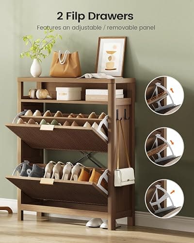 AOGLLATI Shoe Cabinet Storage,Narrow Fluted Shoe Rack Cabinet with 2 Flip Drawers, Wooden Freestanding Organizer with Open Storage Space for Entryway,Wood (Wood) - Wood thumbnail 4