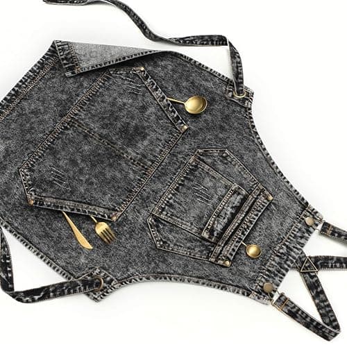 Jeanerlor - Denim Apron with Pockets for Hair Stylist Gardening Craftsmen Barista Women Hairdresser Jean Work Apron Cross Straps & Adjustable S to L (Black) - Medium - Black thumbnail 5