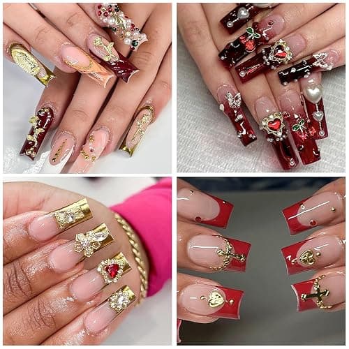 128PCS Gold Nail Charms Set with Rhinestones and Gems, Rose, Hearts, Cross and Virgin Mary - Y2K 3D Shiny Jewelry Nail Decorations Accessories Supplies thumbnail 5