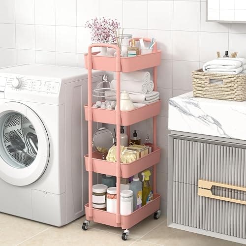Sywhitta 4-Tier Plastic Rolling Utility Cart with Handle, Multi-Functional Storage Trolley for Office, Living Room, Kitchen, Movable Storage Organizer with Wheels, Pink thumbnail 4