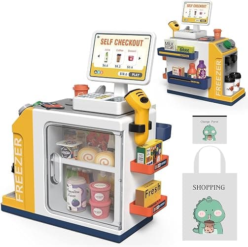Kids Cash Register Playset - 48PCS Play Money, Calculator, Scanner,Ages 3+ | Toddlers Cash Register Playset with Credit Card & Play Food,for Boys and Girls Ages 3+ Pretend Grocery Store Shopping Playset thumbnail 6