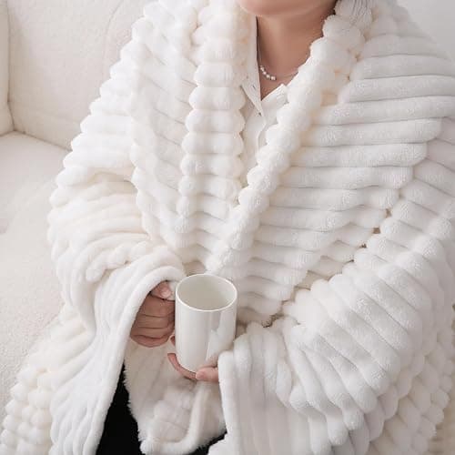 Linecooo Cream White Fleece Throw Blanket 50”×60” for Couch Sofa Bed,Super Soft Cozy Plush Microfiber Flannel Blanket with Stripes Design Lightweight for Adults,Woman,Girls thumbnail 4