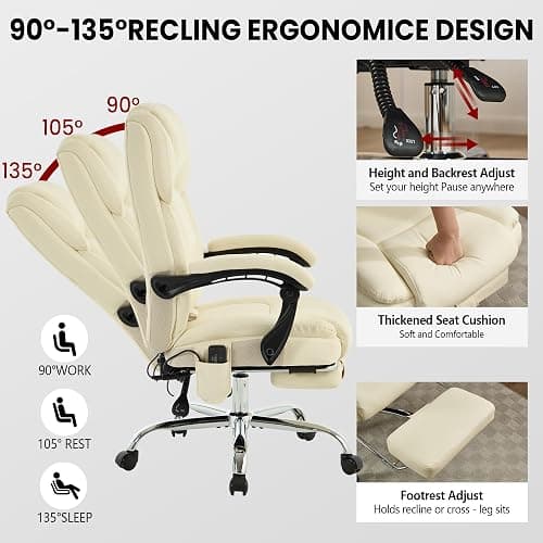 4 Points Massage Office Chair with Footrest 500lbs,Reclining Executive Desk Chair with Vibration Heat for Heavy People,Lumbar Support PU Leather,Adjustable Height Ergonomic (Beige) thumbnail 4