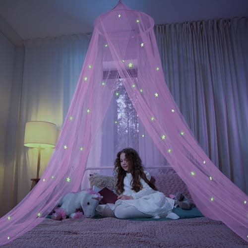 Pink Bed Canopy for Girls with Glowing Stars - Premium Canopy Bed Curtains | Fits Single, Twin, Full, Queen Size Kids Bed, Princess Netting Room Decor, Ceiling Tent to Cover Toddler, Canopy for Bed thumbnail 8