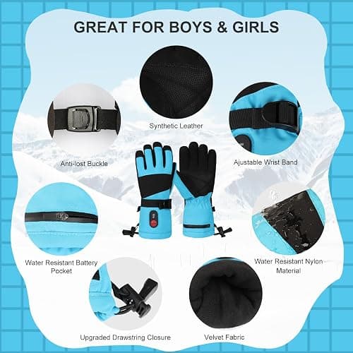 DINSVTA Kids Heated Ski Gloves, 3-Heat Settings, Rechargeable, Water Resistant, Windproof, Ideal for Skiing, Snowball Fights, Cycling thumbnail 5