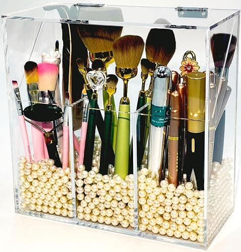 VASERDDY Acrylic Makeup Organizer,Clear Cosmetic Brush Storage Box With 3 Brush Holders,with Dust Cover, Large-capacity Split Design can Quickly Organize the Desktop (with3 bags of white pearls - Image 1