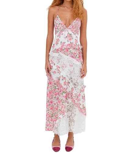 Women Spaghetti Strap Boho Maxi Dress Lace Patchwork Vacation Long Dress Summer Smocked Flowy Beach Sundresses - Image 1