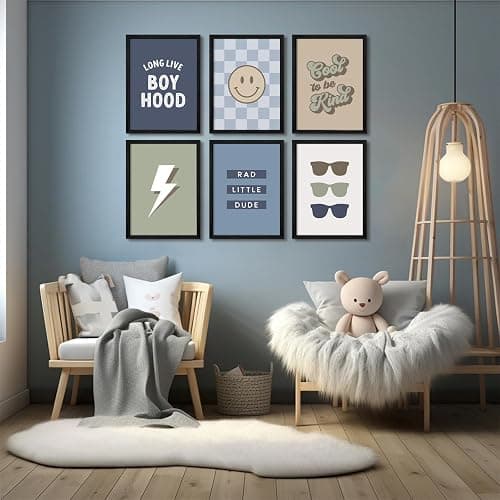 Boy Nursery Wall Art Decor Toddler Baby Boy Room Canvas Pictures Blue Cool Nursery Poster Teen Playroom Prints Long Live Boyhood Artwork for Kids Bedroom 8x10 Inch Black Wood Framed Set of 6 thumbnail 6