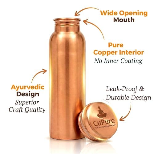 CuPure Pure Copper Ayurvedic Water Bottle Health Benefits|Leak-Proof, Ideal for Home, Office,Gym & Yoga-32 Oz-Copper thumbnail 2