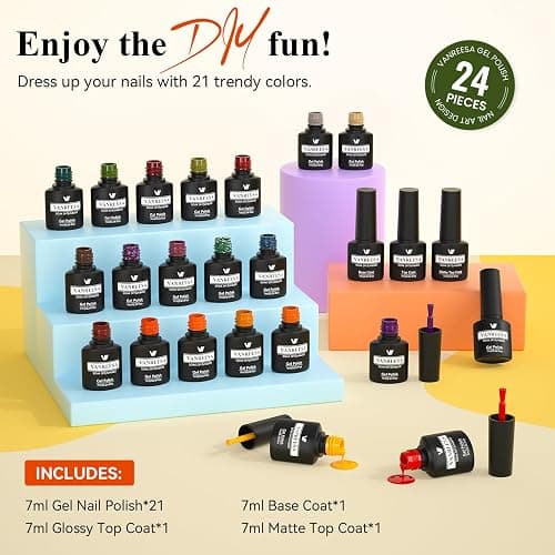 VANREESA 24 Pcs Fall Gel Nail Polish Set, 21 Colors Gel Polish with Base Coat Glossy & Matte Top Coat Orange Red Purple Green Brown Gel Polish Kit Nail Kit Gifts for Women thumbnail 6