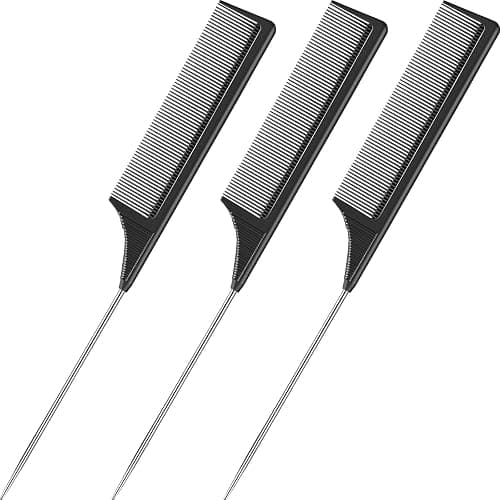 Leinuosen 3 Packs Rat Tail Comb Steel Pin Rat Tail Carbon Fiber Heat Resistant Teasing Combs with Stainless Steel Pintail (Black) - Image 1