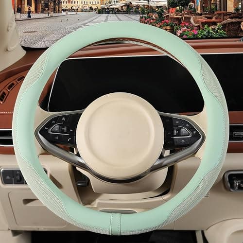 Binsheo Nappa Leather Green Steering Wheel Cover, Advanced Microfiber Leather Non-Slip Breathable Fabric, Warm in Winter and Cool in Summer, Universal 15 inch thumbnail 2