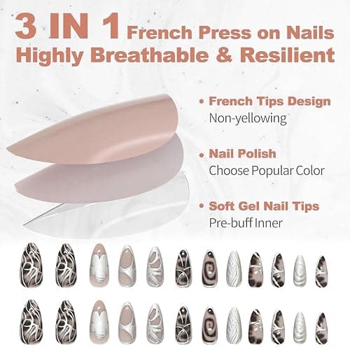 24 Stück Press on Nägel Y2K Medium Almond mit 3D Metall Schleife und Perlen Design - Schwarzer Gradient - Vollständiger Überzug - Falsche Nägel thumbnail 3