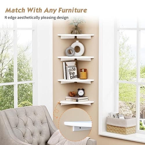 Forbena White Corner Floating Shelves for Wall Set of 4, Rounded Corner Shelves Wall Mounted for Kids Bedroom Books, Cute Wood Hanging Corner Shelf for Bathroom Decor, Living Room, Small Spaces thumbnail 4