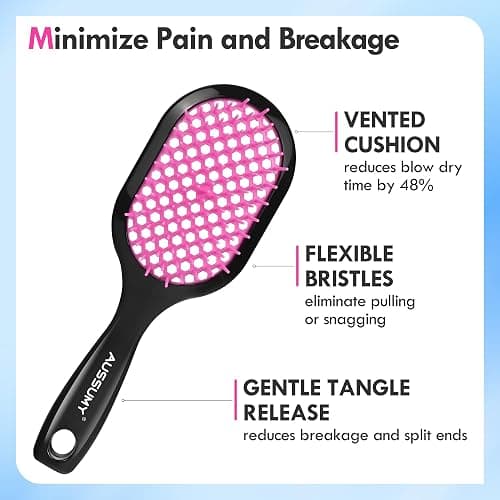 Aussumy Vented Detangling Hair Brush - 2 Pack Detangler Hairbrush for Effortless Tangle Removal - Ultra-Soft Bristles -For Natural Curly Straight Wet Dry Damaged Hair for Women Men Kids - Black & Pink thumbnail 2