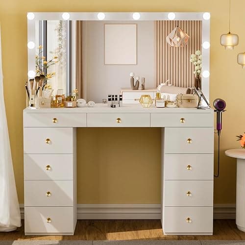 Likein Vanity Desk with Mirror and Lights, White Vanity with Hidden Jewelry Storage Cabinet, Charging Station, 11 Drawers Makeup Vanity with Lights, Crystal Knobs, 3 Color Lighting Modes for Girls thumbnail 4