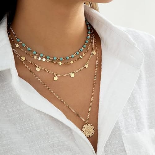 Taichell Gold Layered Turquoise Necklace for Women Multi Boho Long Necklace Bohemian Coin Pendant Necklaces Jewelry thumbnail 3