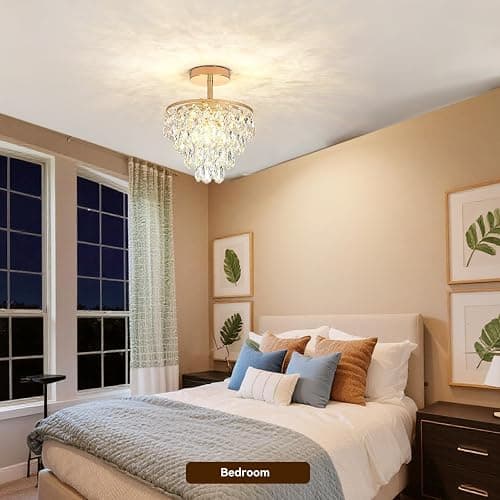 YONGYIPE Mini Crystal Chandelier Modern Crysal Flush Mount Ceiling Light for Bedroom Closet Hallway with E26 Base Small Pendant Light (Gold-Ceiling) thumbnail 3