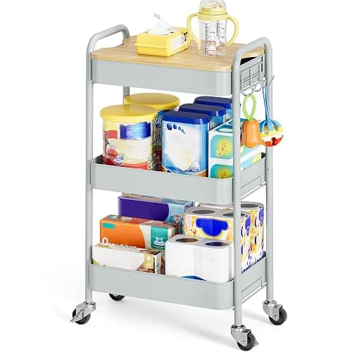 TOOLF 3 Tier Rolling Cart, Metal Utility Cart with Wheels & Wooden Top, Diaper Organizer Cart, Rolling Craft Storage Cart, Serving Trolley Cart for Kitchen, Office, Bathroom, Baby Nursery, Green - Green - Image 1