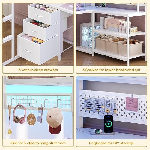 ADORNEVE Loft Bed Twin Size with L-Shaped Desk, Storage Drawers & RGB Arcylic Hutch, Expanded Safety Power Outlet, Metal LED Loft Bed Frame with Wide Ladder, for Teen Girls, White thumbnail 7