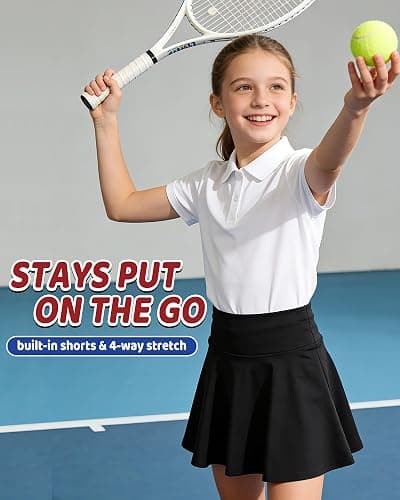 KAKU NANAU Girls‘ Black High-Waisted Skort Tennis Skirt 7-14 Years,Elasticated Quick Dry Sport School Skirt with Built-in Shorts Summer(No Pockets) thumbnail 2