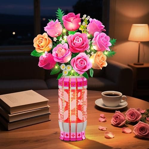 CUBIMANA Romantic Pink Roses Bouquet Building Set with Vase & LED Light, Easter Gifts for for Her/Women/Adults, 3.6MM Mini Flowers Building Toys, Artificial Flowers for Home Office Decor & Display thumbnail 4