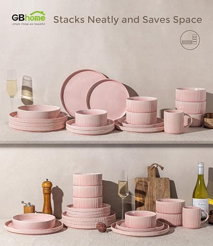 GBHOME Stoneware Dinnerware Sets for 4,12-Piece Plates and Bowls Set | Ribbed Reactive Glaze Ceramic Dish Set, Scratch Resistant, Dishwasher&Microwave Safe,Blush Pink thumbnail 9