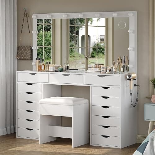 Yanosaku Vanity Desk with Mirror and Lights, Makeup Table with Charging Station, 3 Color Lighting Modes, 15 Drawers Dressing Table, Vanity with Chair for Bedroom, White thumbnail 3